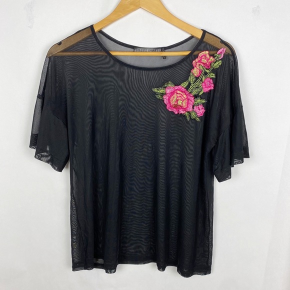 Potter's Pot Tops - Potter’s Pot Black Mesh Floral Embroidered Top Size Large
